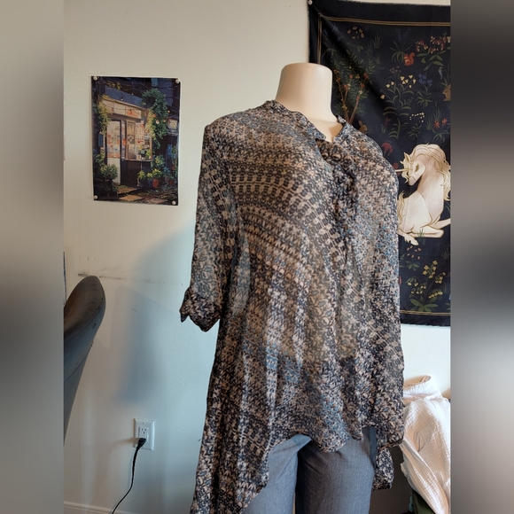 Sheer Asymmetrical Tunic Top Abstract Print Flowy Blouse‎ Lightweight - Picture 1 of 14